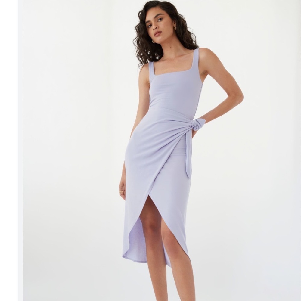 New Wilfred Aritzia Saturn Midi Dress Cloudy Lilac Purple Wrap Sz L Square Neck